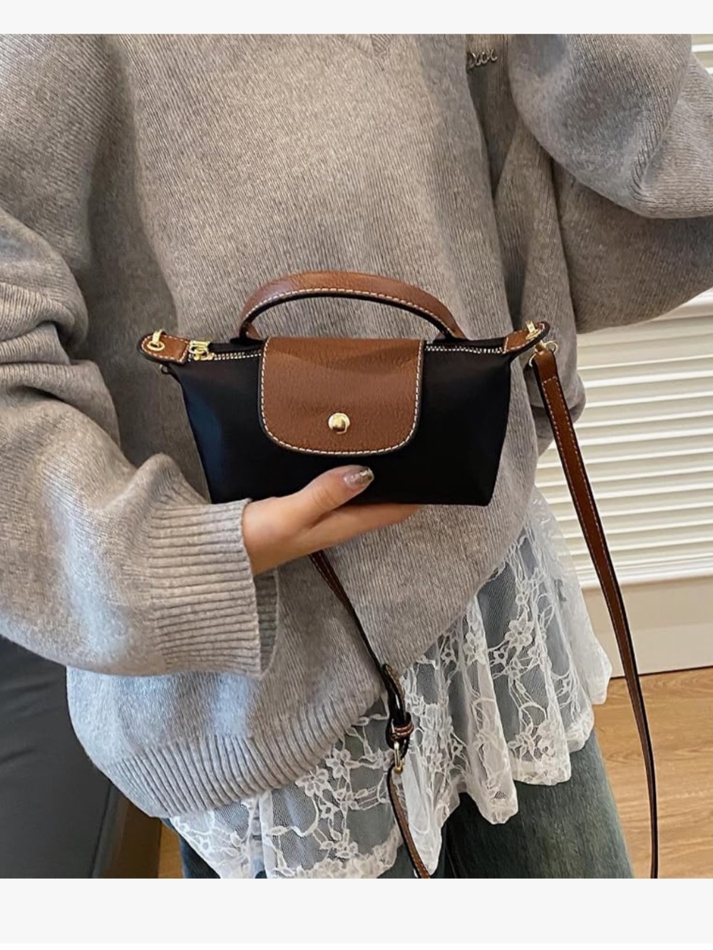 Mini crossbody bag, black color with brown trim, zippered small shoulder purse - Picture 10 of 10